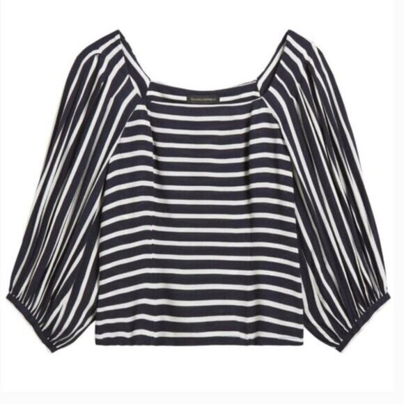 BANANA REPUBLIC Puff Sleeve Boho Square Neck Stripped Crop Blouse Sz S - Picture 1 of 13
